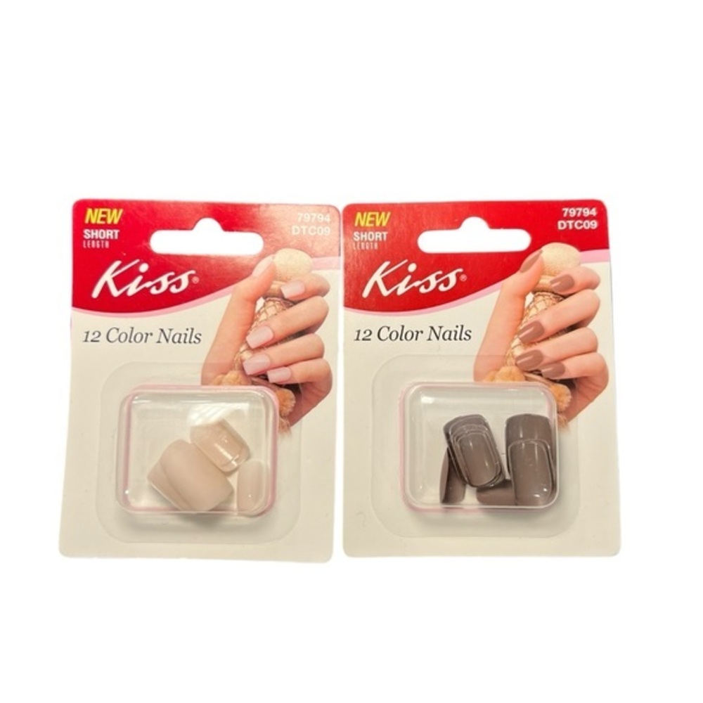 Kiss Color Nails Short Length 2 Sets Matte Ivory Shiny Brown Glue On Nails NEW